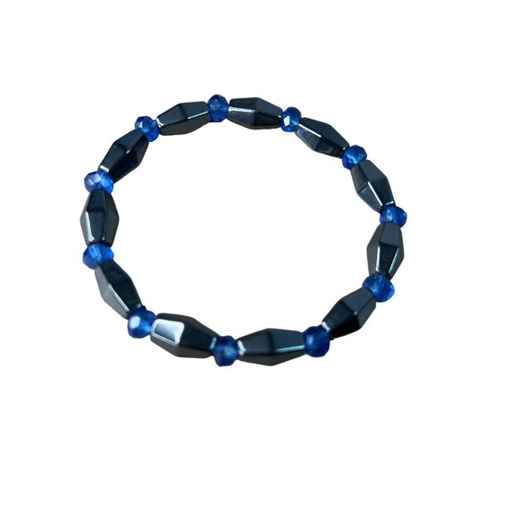 Hematite & Blue Bead Stretch Bracelet - Picture 2 of 4